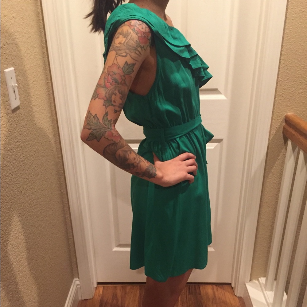 Green One Shoulder Ruffle Dress - Picture 2 of 6